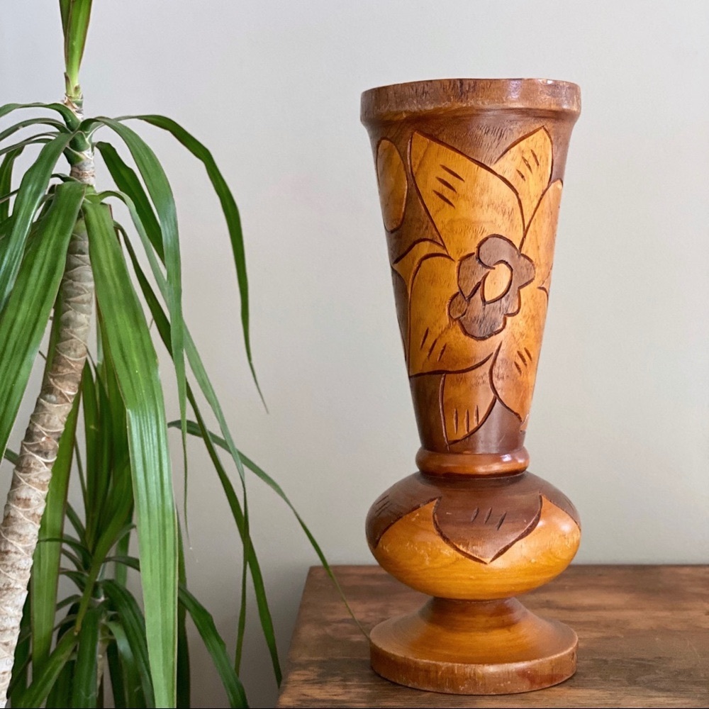 Hand Carved Wooden Vase, Decorative Wood Handmade Vintage Decor - Picture 1 of 1